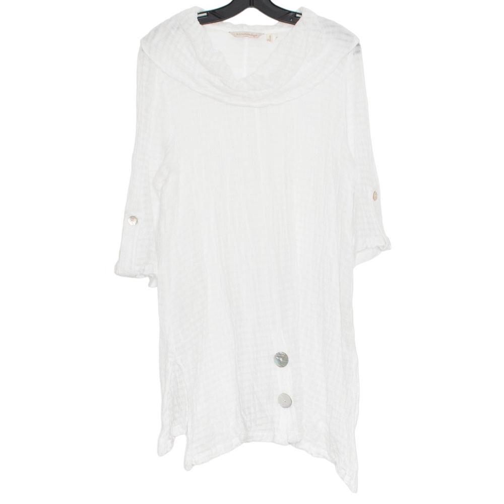 Soft Surroundings Tunic Top 3/4 Sleeve Boho Lagenlook Coastal Gauzy White Medium